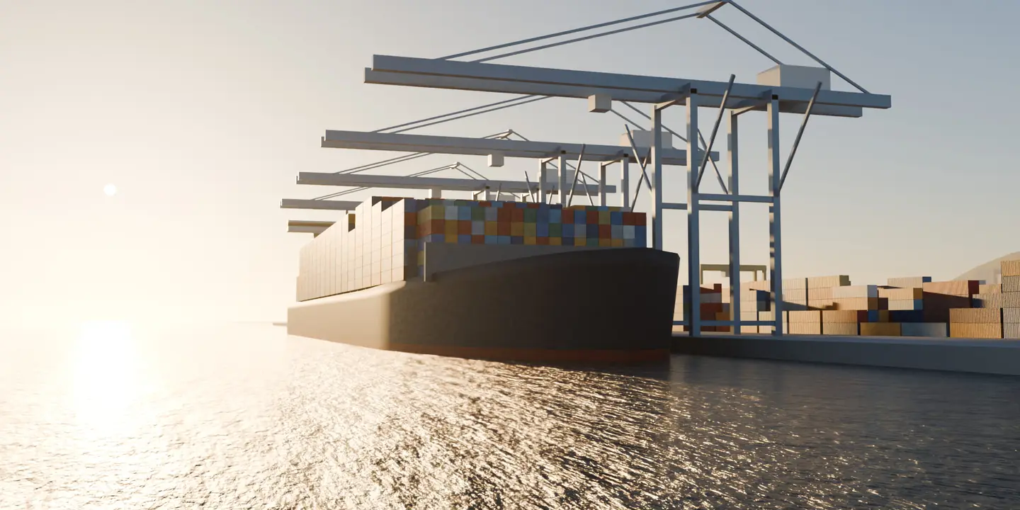 Buque portacontenedores amarrado en una terminal portuaria al atardecer, con grúas pórtico