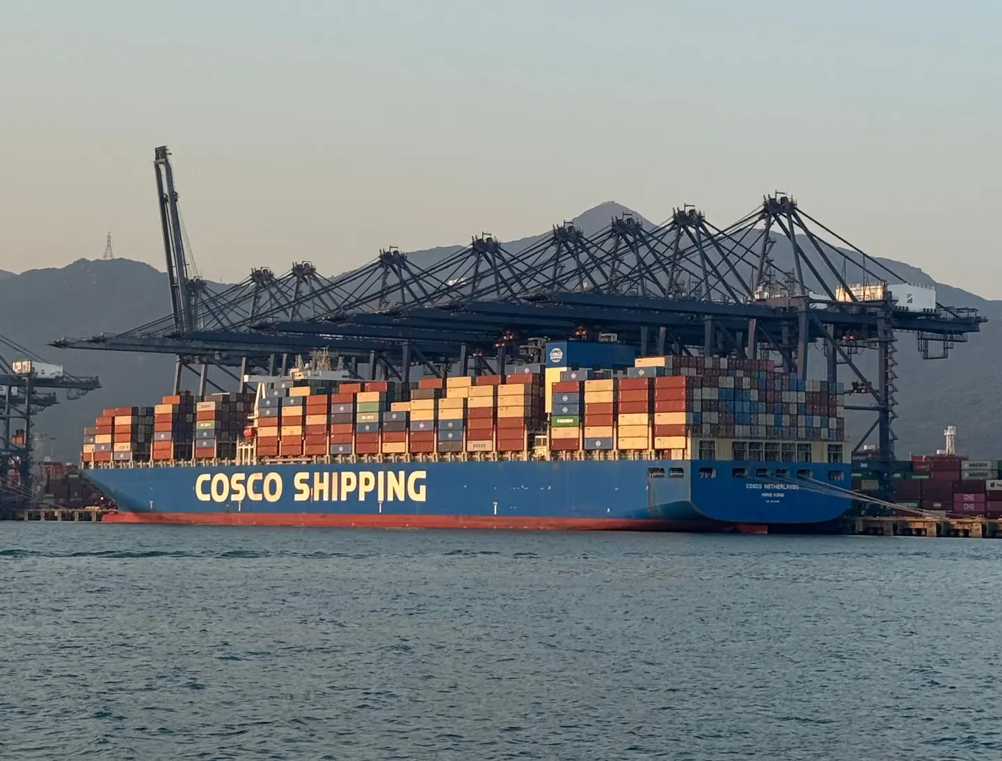 COSCO Shipping container ship docked under the cranes of a terminal